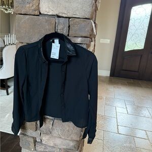H&M cropped Black Sheer Blouse with Faux Leather Collar